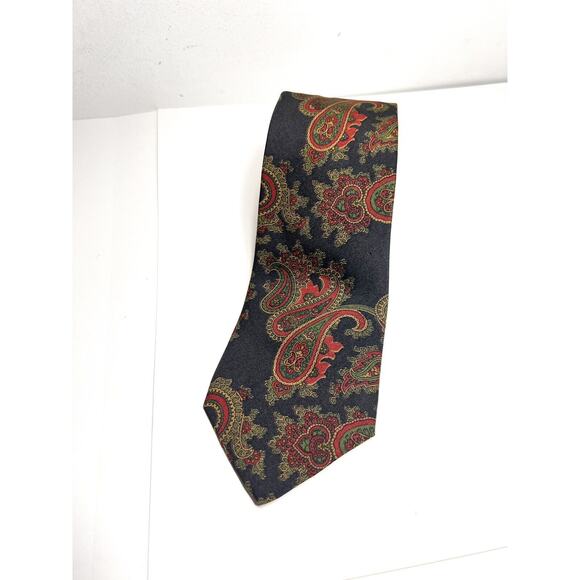 Vintage Burberrys EUC Black/Green/Red Paisley Print Silk Tie 57" x 3.25" VTG - Picture 1 of 5